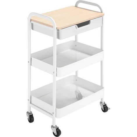 Desserte de cuisine chariot de service 2 étagères tiroir plateau aspect bois clair acier PP blanc (1/5)