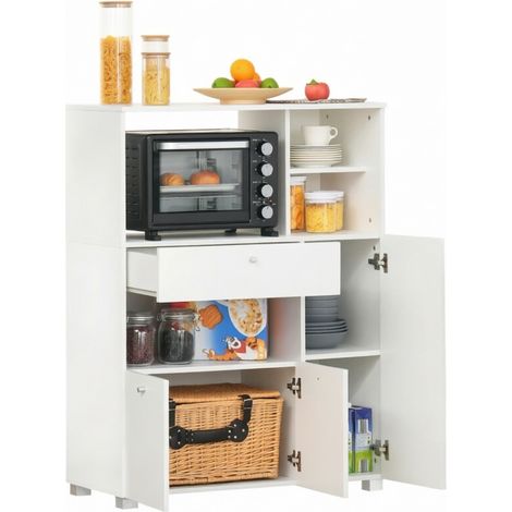 Buffet de cuisine blanc avec rangements ouverts, 2 placards, tiroir coulissant et niches pour micro-ondes, structure en panneau de particules, CHICFURN (1/5)
