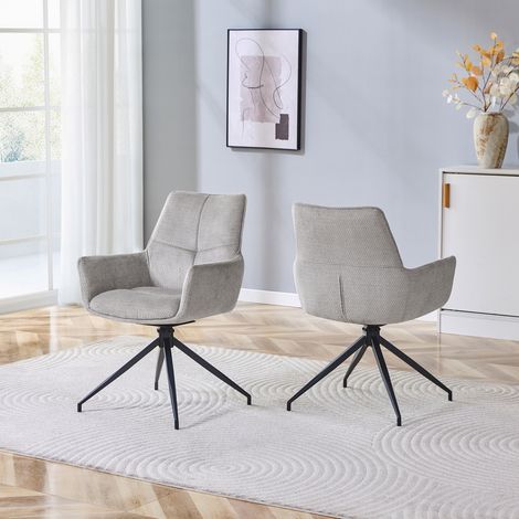 Lot de 2 fauteuils, en métal et tissu, gris, pour salon et salle à manger, pieds métal laqué noir, pour salle à manger et salon