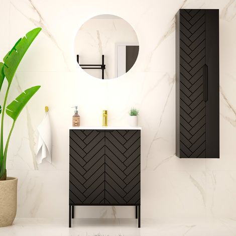 Conjunto de muebles con lavabo individual encastrado 60cm 2 puertas sobre patas y columna Daria Negro (1/5)