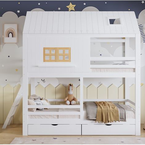 DESVIAE Lit superposé enfant avec fenêtres et toit 90 x 200 cm blanc naturel avec 2 tiroirs grand rangement échelle et sommier à lattes en bois MDF (1/4)