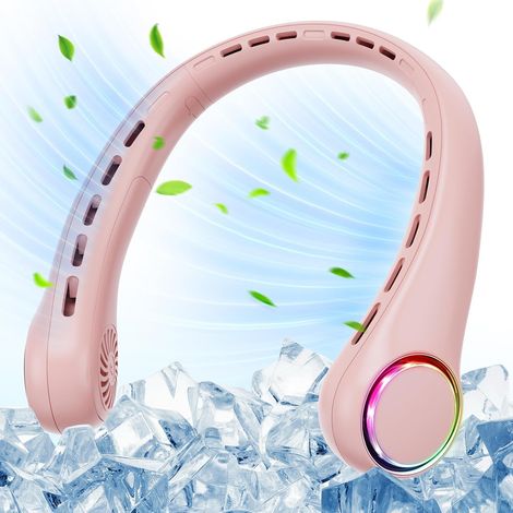 Ventilateur de cou - 4000 mAh - USB - Silencieux - 3 vitesses - Lumière LED - Portable - Pour le camping, les voyages, le sport - Rose