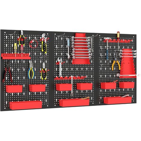 Organisateur mural à perforations, rangement d'outils métallique avec 3 panneaux, 34 accessoires suspendus, 9 bacs, porte-outils - rouge (1/5)