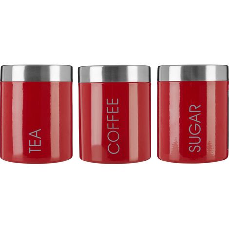 Premier Housewares Set di 3 contenitori per tè, zucchero e caffè in gomma smaltata di rosso con coperchio argentato e scritte (1/5)
