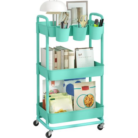Chariot de Rangement à roulettes en Plastique à 3 Niveaux avec ventouses suspendues supplémentaires, Roues verrouillables pour Salon, Salle de Bain, Cuisine, Bureau (Vert) (1/5)