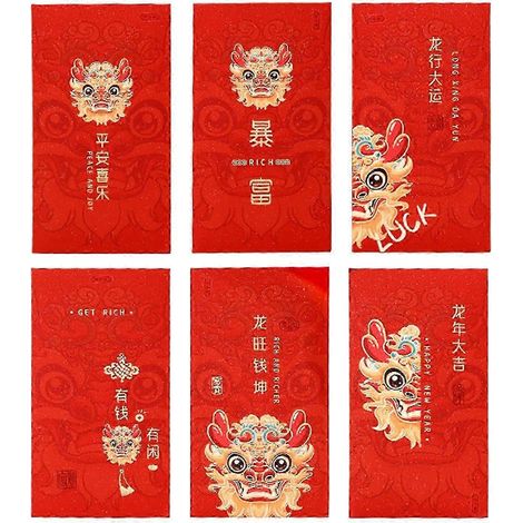Lot de 6 enveloppes rouges Hong Bao pour le Nouvel An lunaire chinois (Fête du Printemps)
