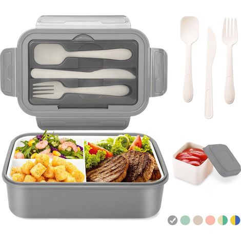 Lunch Box, 1400ml Bento Box Boîte à Déjeuner en Plastique pour Enfant Adulte,Boite Bento Boîte à Repas avec Trois Compartiments et des Couverts, Sans BPA (Gris+Boîte À Sauces) (1/5)