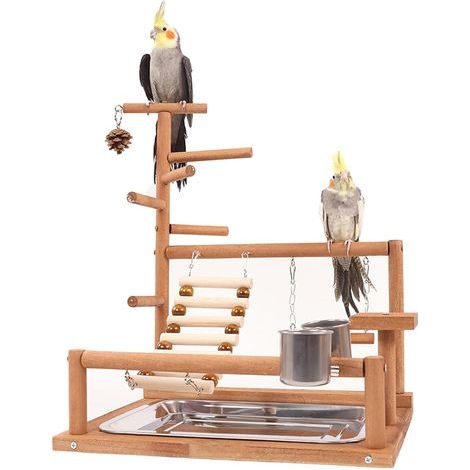 Wooden Bird Play Stand with Ladder, Swing, Stainless Steel Feeder, Tray, Perch for Parakeets and Parrots (1/5)