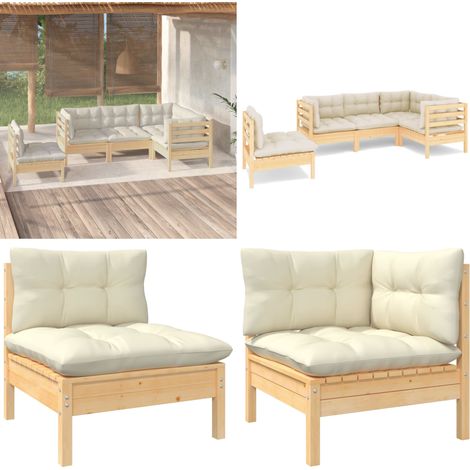 Salon de jardin 5 pcs avec coussins crème bois de pin - Ensemble Salon De Jardin - Salon De Jardin En Bois - Mobilier De Jardin - Meubles De Terrasse - Set Salon De Jardin - Home & Living (1/5)