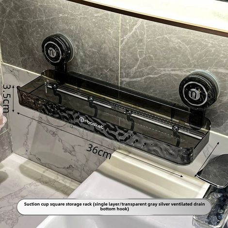 Étagère de rangement carrée transparente grise argentée, sans perçage, fixée au mur, pour coin lavabo/WC. (1/5)