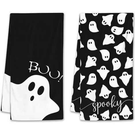 Torchons de cuisine Halloween fantômes noirs et blancs séchant les mains articles ménagers 45x66 cm 2 pièces (1/4)