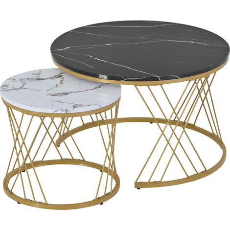 WF300416BAA) Table basse gigogne moderne, ensemble de tables basses avec placage effet marbre, tables d'appoint rondes gigognes pour canapé, lot de 2, cadre doré