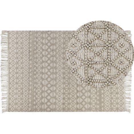 Alfombra de lana beige arena 160 x 230 cm poliéster geométrico borlas Alucra
