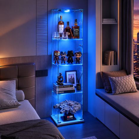 JOOKGBD-Glasvitrine,1 Tür vitrinenschrank 4 Regalen transparent, mit Schloss und LED,Sammlerstücke Glasvitrine,Bücherregal aus Glas,Vertikale Glasvitrine,für Wohnzimmer Schlafzimmer Büro,Weiß (1/5)