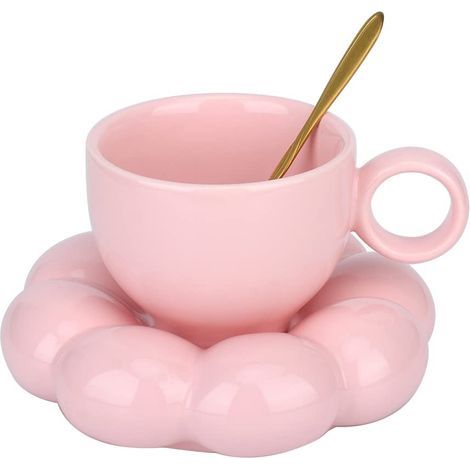 Set aus Keramik-Kaffeetassen, Becher und Untertasse mit Wolkenmuster, inklusive Löffel, für einen 200-ml-Latte, rosa. (1/4)