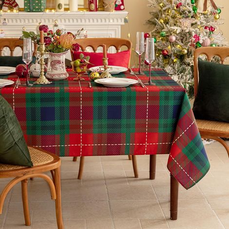 Nappe Noël carreaux verts 152,4x213,4 cm, polyester lavable résistante taches, dîner/fête (1/5)