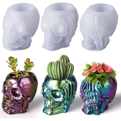 Lot de 3 moules en silicone en forme de tête de mort pour résine époxy, crâne d'Halloween 3D, moules en silicone pour arroser des pots de fleurs, vase d'Halloween, figurines en résine, décoration pour (1/5)