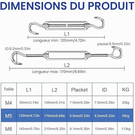 M5 Cable Tensioners, 304 Stainless Steel Tensioner Hook (1/4)
