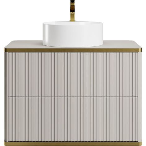 Mobile per bagno sospeso con scanalature con profilo dorato e lavabo da appoggio tondo 80 cm Beige - KELIZA (1/4)
