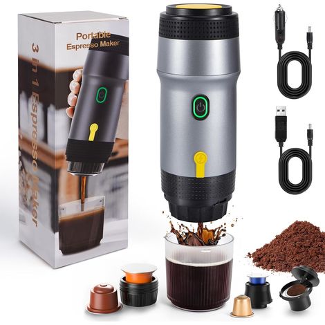 Tragbare 3-in-1-Espressomaschine, selbstheizend, 12 V, kompatibel mit großer Kapsel, kleiner Kapsel und gemahlenem Kaffee, elektrische Reisekaffeemaschine, ideal für Camping, Wohnmobil und Büro, Silbe