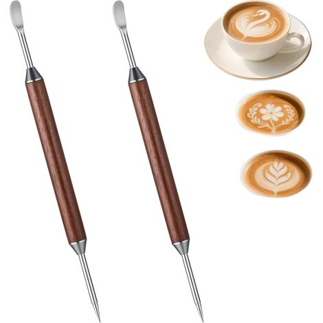 Lot de 2 Stylos à latte art, double face, poignée en palissandre, pointe acier inoxydable, pour cappuccino et espresso (1/5)