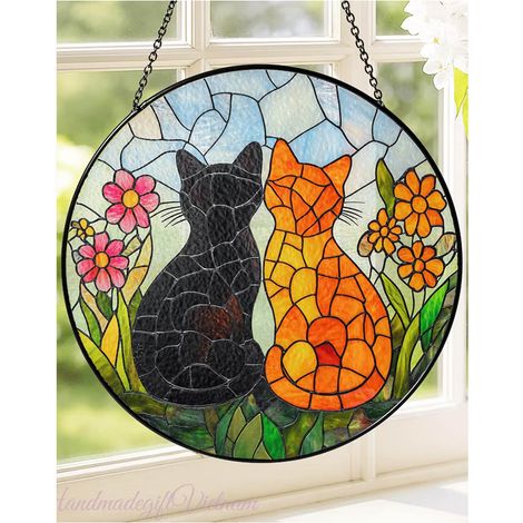 Attrape-soleil vitrail couple de chats 9 cm, décoration fenêtre noire et orange
