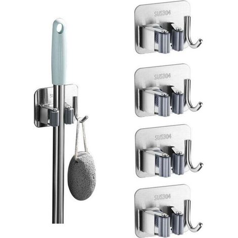 Accroche Balai Mural 5 Pièces, Porte Balais Mural sans Percage, Support Balais Mural Adhesif avec Crochet, Range Balai Acier Inoxydable, Porte Outils Mural pour Cuisine, Garage, Jardin, Salle de Bain (1/2)