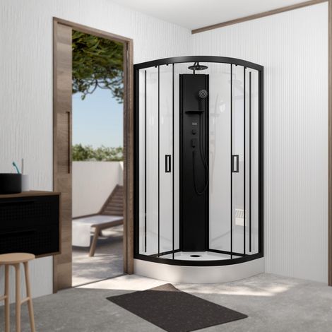 cabine de douche 1/4 de cercle 85x85x210/235 cm - receveur + fonds blancs / colonne + profilés noirs (1/4)
