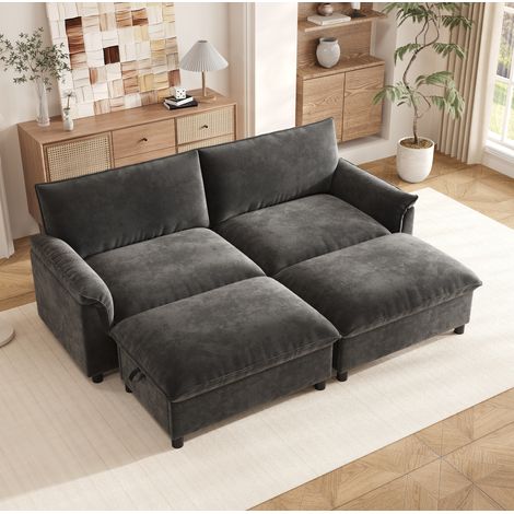Modulares Eck-/U-Sofa, 216 x 77 x 82 cm, mit 2 mobilen Hockern, Grau HAVRYA (1/5)