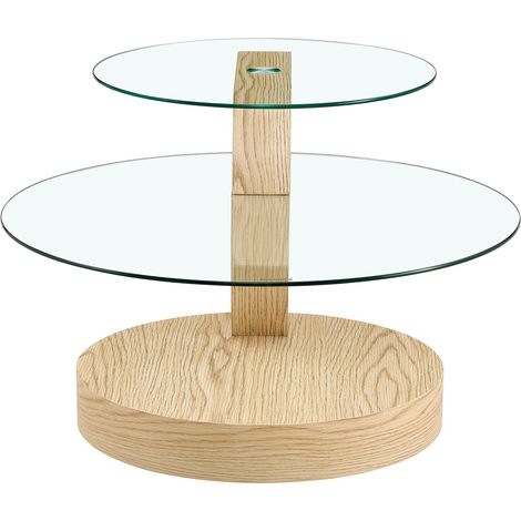 Runder Couchtisch mit zwei Ebenen aus gehärtetem Glas und MDF in heller Holzoptik, MODENUIT (1/5)