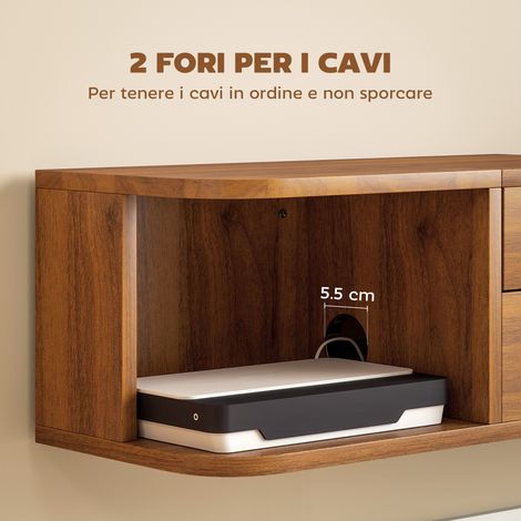 Étagère TV murale pour écrans jusqu'à 50" avec prises électriques intégrées, port USB-C, tiroir et tablettes de rangement, dimensions 120x24x22,4 cm, finition bois noyer (1/5)