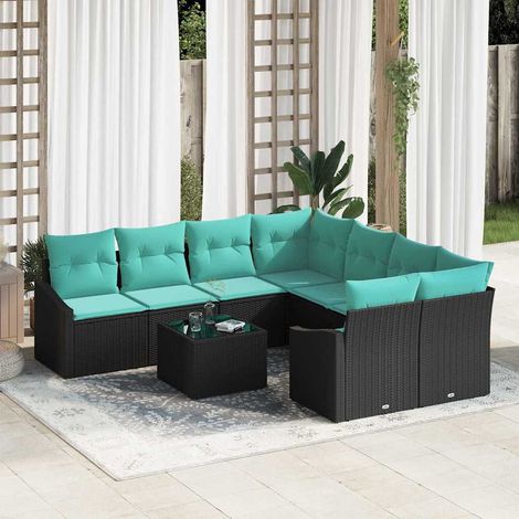vidaXL Ensemble de Canapés 9 pcs Noir et turquoise polyrotin (1/5)