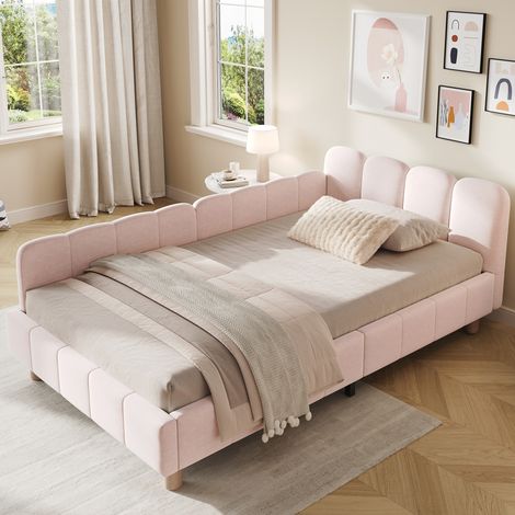 Letto singolo in velluto rosa 90x200 cm con testiera imbottita, rete a doghe inclusa e tasche laterali (1/5)