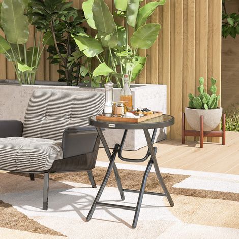 Runder Bistro-Gartentisch, Ø 60 x 50 cm (Höhe), klappbar, schwarzes Metallgestell, schwarze Tischplatte aus gehärtetem Glas