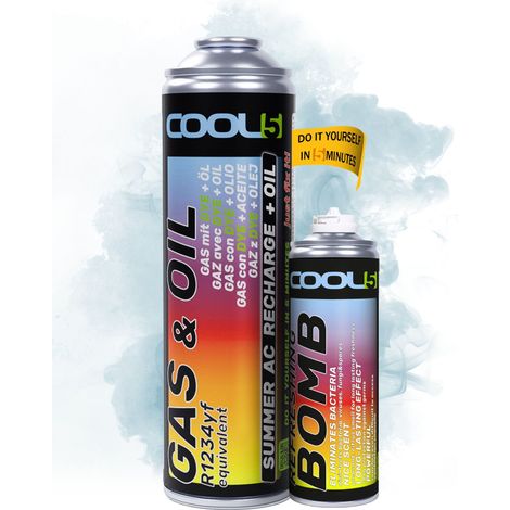 COOL5 2in1 – Ersatz für das Kältemittel R1234yf mit Öl, zum Befüllen von Klimaanlagen in Fahrzeugen ab Baujahr 2016 + Frischebombe + APC 500 ml