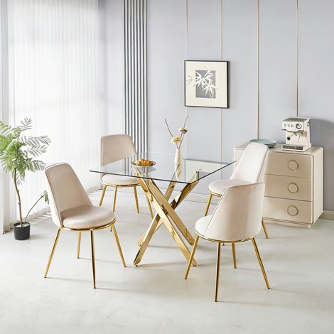 Juego de comedor de 5 piezas, tapizado en terciopelo, respaldo alto ergonómico, patas chapadas en oro, metal y terciopelo, dorado (1/5)