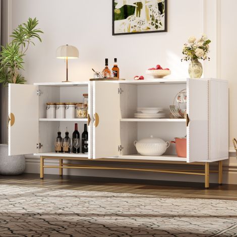 Armoire latérale blanche 160 cm avec texture en relief, 4 portes, poignées mates dorées et pieds brillants, dimensions : 160 × 40 × 82 cm