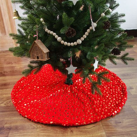 Christmas Tree Skirt - 90 cm - Red Star Print - Fabric Tree Cover Mat - For Home And Party Decor - 1 Piece (1/5)
