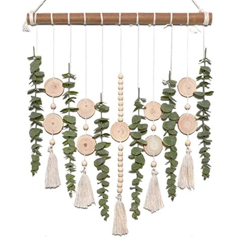 Décoration murale bohème : suspension murale en eucalyptus artificiel 30 cm, bâtonnet bois et pompon style rustique champêtre (1/5)
