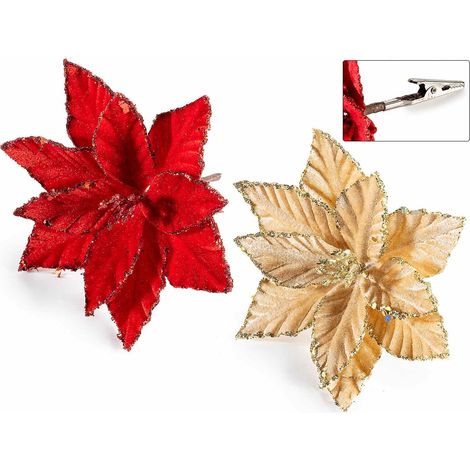 Stelle di Natale pick in stoffa con pistillo e bordo glitterato oro e pratica clip in metallo, set da 16 pezzi, Ø 13 cm x 10 H