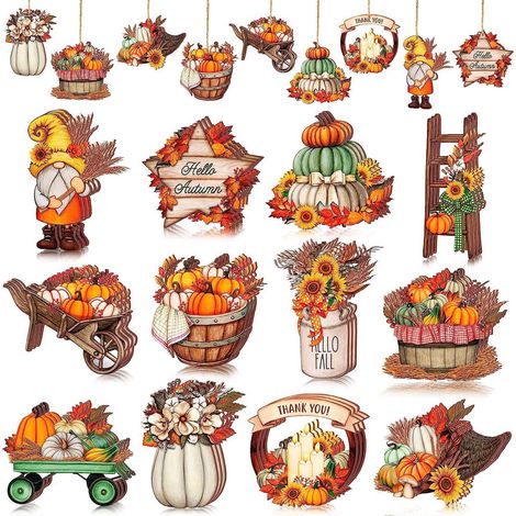 Ornement Bois Automne - Décoration Arbre Fête Récolte Citrouille Feuille Érable Nain - 12 Pièces (1/5)