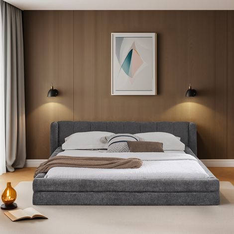 Letto matrimoniale 140x200cm supporto silenzioso rivestimento in chenille colore grigio scuro per camera(Senza materasso) (1/5)