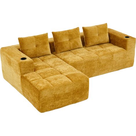 Canapé d’angle 4-5 places en tissu, 258 cm, avec porte-gobelets sur les accoudoirs, pour petit salon, appartement ou bureau, jaune minimaliste – CHICFURN (1/5)