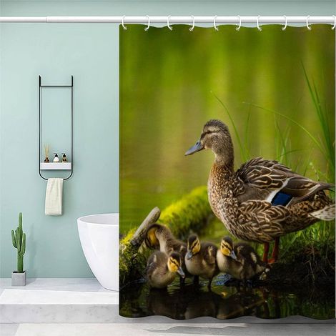 Rideau de Douche Anti Moisissure 120x180cm Canard Sauvage Tissu 100% Polyester Salle De Bains Rideaux Imperméable Lavable en Machine avec 12 Crochets pour Baignoire Animaux Mignons (1/5)