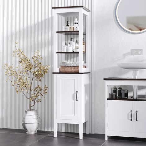 Armoire de salle de bain haute et étroite, meuble gain de place avec 3 étagères ouvertes, étagère réglable, pour buanderie, 40 x 38 x 162,5 cm, blanche (1/5)