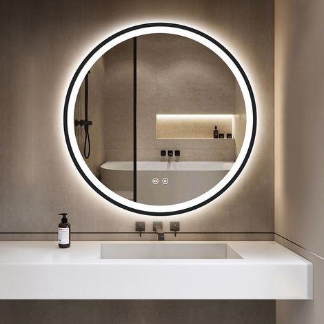 Runder Badezimmerspiegel GIMBELEN 60 cm mit LED-Beleuchtung, schwarz, 3 Lichtfarben, Dimmer, Speicherfunktion, HD-Sicherheitsglas, IP44 (1/5)