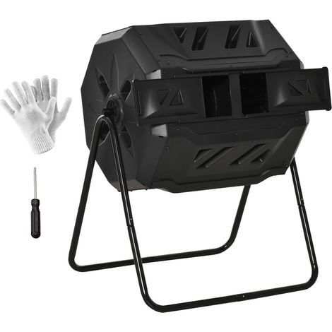 Au Jardin Produisez Votre Terreau Fertile Composteur Rotatif Domestique 160L 2 Compartiments 8 Aérations Noir (1/5)