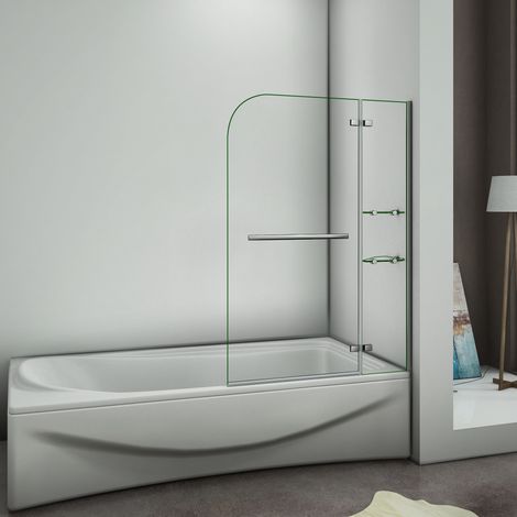 Aica Sanitaire – Pare-baignoire 120x140cm – Verre anticalcaire 5mm – Montage facile à gauche ou à droite – 2 étagères en verre securit