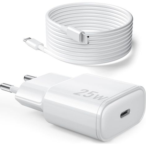 25W Chargeur Rapide pour iPhone, PD 3.0 Prise USB C avec 1M Cable Lightning for iPhone 14/14Pro/13/13 Mini/13 Pro/13Pro Max/12/12Pro/12 Pro Max/11/11 Pro/11 Pro Max/iPad 5/6/7/8/9/Mini 2/3/4/5 (1/5)