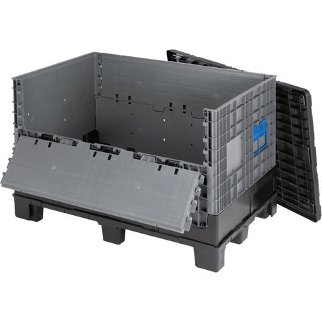 KKE – Caisse-palette plastique pliante 1200x800mm – Polypropylène résistant - Charge utile 200kg – Gerbable par 3 – Couvercle inclus